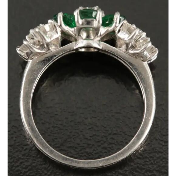 Cartier Platinum Emerald and Diamond Triple Flower Engagement Ring Ca. 1950s - Picture 2 of 10